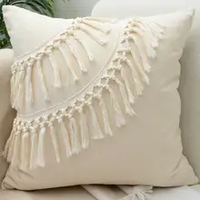 ボヘミアンスタイル モロッコ風コットンリネン フリンジクッションカバー【インテリア・ソファ用】