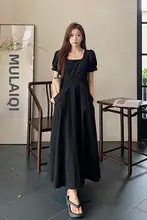 大きいサイズ 夏用 レディース フランス風 短袖ワンピース【ウエスト絞り・フレアシルエット・ブラック・スクエアネック】