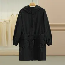春季カジュアルフード付きロングコート【ゆったりシルエット・無地】