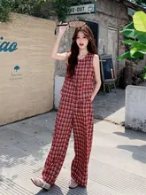 レトロな赤チェックのノースリーブベストとワイドパンツ【夏用・文芸風・スタイリッシュ】（セットアップ対応）