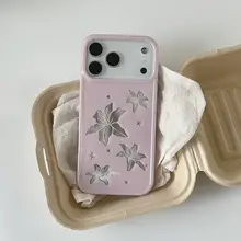 ハンドメイドのフラワーデザインiPhoneケース【百合と星のモチーフ・落下防止】