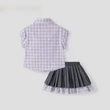 女の子用夏季ファッションカジュアルトップス【学院風・チェック柄・百褶スカート・二枚組（セットアップ対応）】