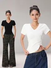 半袖Tシャツ レディース Vネック 無地 プリーツ フィット 着痩せ インナー 夏 「SHIYIYUE」