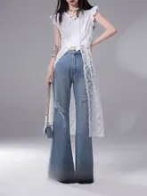 おしゃれなデザインのフリンジ付きブーツカットデニムパンツ【ミディアムブルー・トレンドファッション】