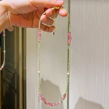 天然オリーブ石とストロベリークリスタルの多宝ネックレス【女性用・カジュアルデザイン・ロングチェーン】