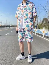 夏用ハワイアン半袖アイスシルクシャツとショートパンツ【ゆったりサイズ・メンズ・カジュアルデザイン】（セットアップ対応）