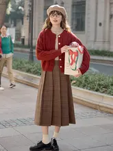 デザイン性のあるコーヒーチェックの中長丈フレアスカート【Aライン・ウール・プリーツ】
