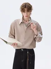 ダブルカラーのアイスシルクデニム長袖シャツ【抗シワ・ゆったりフィット】（セットアップ対応）