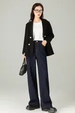 快適なストレッチ高腰デニムパンツ【シンプル・直筒・ワイドレッグ】（セットアップ対応）