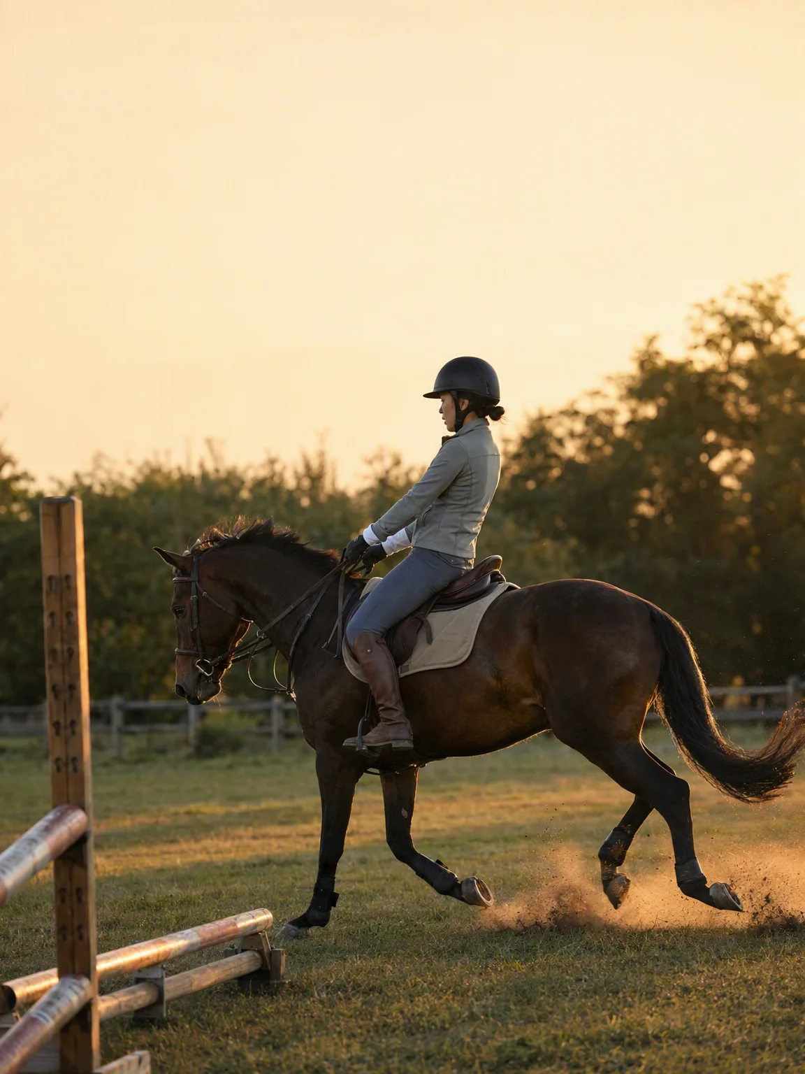 夕方の馬場は光がやわらかく、馬の動きも土の跳ね方もよく見えるので、私はこの時間の基礎練習が好きです。写真のように少しスピードが乗る場面でも、上半身を余計に固めず座れるか、脚が自然に添えられるかを確かめています。パンツに伸びがあると座り直しがしやすく、ブーツも手入れしやすいものだと使い続けやすいです。安全を意識しながら、無理なく反復できる装いを選びたいです。