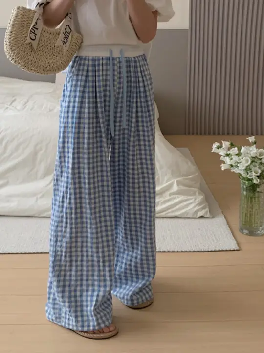 青いチェック柄パンツ【デザイン・ウエストゴム・コットン・ワイドレッグ・夏用】