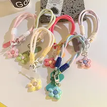 可愛いデザインのピンク花柄スマホケース用チェーン【柔らかいクッション付き・ウィovenデザイン・手首用・携帯電話アクセサリー】