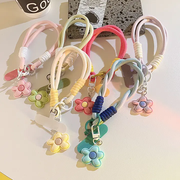 可愛いデザインのピンク花柄スマホケース用チェーン【柔らかいクッション付き・ウィovenデザイン・手首用・携帯電話アクセサリー】