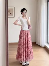 フレンチスタイルの花柄ロングスカート【ピンク・大きいサイズ・体型カバー効果】（セットアップ対応）