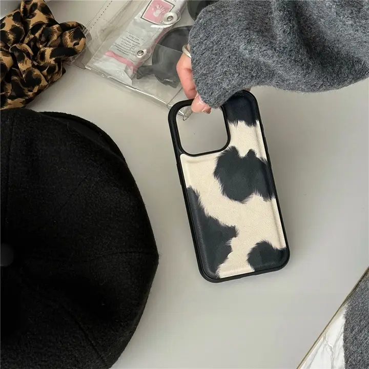 レトロ風レザーブラックホワイトパターンiPhoneケース【全包タイプ・防摔・シンプルデザイン】