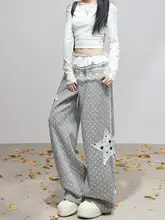 ドット柄と星のアップリケが可愛いカジュアルパンツ【レースと合皮・ゆったりストレート】（  セットアップ対応）