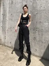 高腰ワイドカーゴパンツ【女性用・ブラック・秋冬・ルーズフィット・ストレートレッグ】