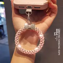 カラフルなビジューとリボンデザインのスマホ用ハンドストラップ【指環付き・高級感ある仕上げ・キーリングとしても使用可能】