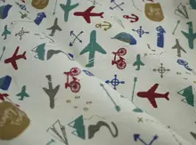 厚手コットンリネン生地 船の錨と飛行機のカートゥーンプリント【子供用ソファやテーブルクロス、DIY用】