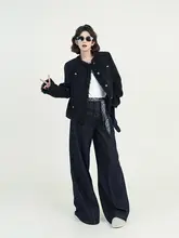 青いハイウエストストレートデニムパンツ【レディース・春用・ゆったりしたロングパンツ】