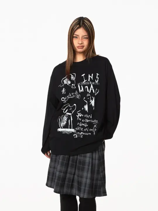 小犬プリントの長袖Tシャツ【カジュアル・ゆったりフィット・春秋用】