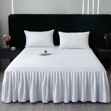 シンプルなサテンストライプベッドスカート付きベッドカバー【白色・ホテルタイプ・防塵・季節問わず】