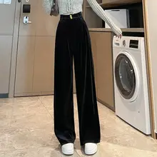 黒のベルベットワイドパンツ【秋冬用・ハイウエスト・カジュアル・縮緬加工】