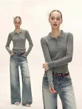 ポロ襟デザインの春用フィットニットトップス【女性用・ウエストシェイプ】