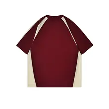 酒紅色のカラーブロック コットン半袖Tシャツ【アメリカンスタイル・ルーズフィット・ラグランスリーブ】