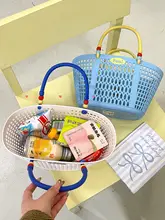 バスケット 収納かご 手提げ 編み込み メッシュ ビビッドカラー スーパー 買い物 ピクニック おやつ入れ