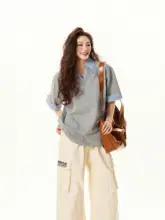 レトロ学院風 ポロカラー半袖Tシャツ【夏用・ゆったりデザイン・レイヤード風】（セットアップ対応）