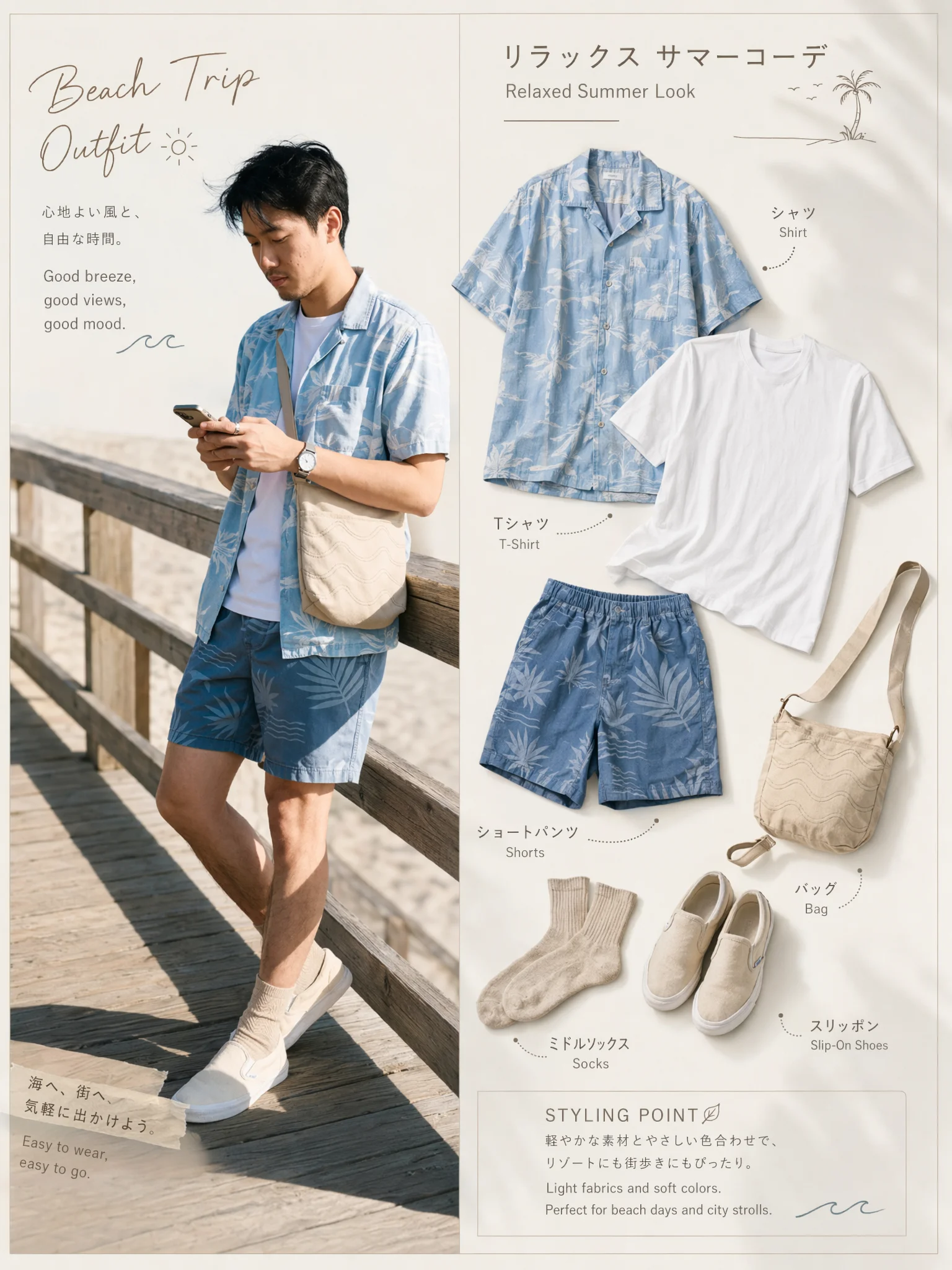 白いクルーネックTシャツ、淡いブルーの開襟シャツ2点、ブルー系の柄ショーツ2点を組み合わせた夏のリゾートスタイル
