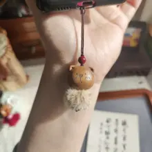 天然桃木の小熊スマホストラップ【毛足の長いぬいぐるみ・護身用・お守り】
