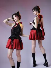 立体花デザインの小黒ワンピース【赤と黒・ウエストシェイプ・パーティー用】