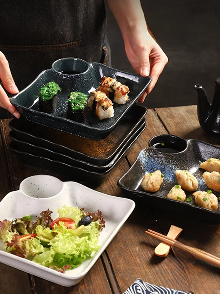 日本式陶磁器醤油皿付き餃子プレート：長方形3cm盤深の和風使い分け設計
