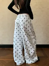 ドット柄のリボン付きワイドパンツ【刺繍デザイン・カジュアル・女性用】（セットアップ対応）