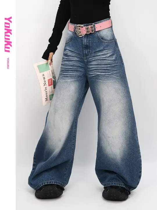春季アメリカンスタイルのハンドメイドプリーツデニムパンツ【ウォッシュ加工・ワイドレッグ】