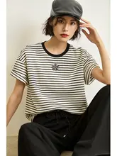 夏のカジュアル通勤向けバイカラーストライプ半袖Tシャツ【ゆったりフィット・ショート丈】
