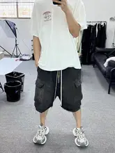 ROSスタイル ウォッシュ加工ジッパー付き グレーヘザー 多ポケット ワーク風 抽引紐付き デニムショートパンツ 男女兼用