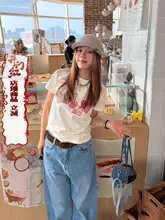 アメリカンスタイルの竹節模様プリント半袖Tシャツ【レディース・クルーネック・夏用・通気性】
