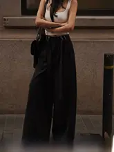 黒のデザインカジュアルスーツパンツ【高ウエスト・ゆったりストレート・ワイドレッグ】（セットアップ対応）