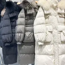 豪華なフォックスファー付きフードコート【ウエストリボン・長袖・白鹅绒仕様】