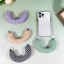 おしゃれなチェック柄のモバイルストラップ付きふわふわ布製ハンドバッグ【持ち手付き・肩掛け・高級感あるデザイン】