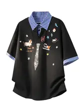 カジュアルな印刷半袖Tシャツ【男の子向け・学院風・襟付き・夏用】（セットアップ対応）
