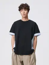 半袖Tシャツ ユニセックス ストライプ パッチワーク バイカラー クルーネック ルーズ アメリカン風 秋 「RHRB」