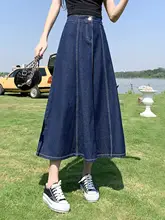 ハイウエストデニムAラインスカート【レディース・ロング・梨型体型対応・カジュアル】