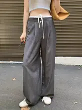 春季用 ヴィンテージスタイルのハイウエストストライプワイドパンツ【カジュアルコーデ・リボン付き】（セットアップ対応）
