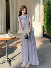 紫色系の高級国風デザイン チュニックとワイドパンツの組み合わせ【花柄・フレア・夏用】（セットアップ対応）