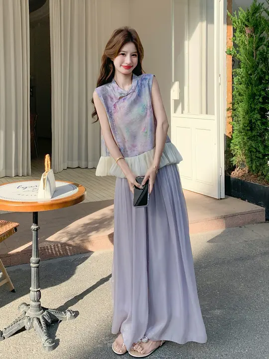 紫色系の高級国風デザイン チュニックとワイドパンツの組み合わせ【花柄・フレア・夏用】（セットアップ対応）
