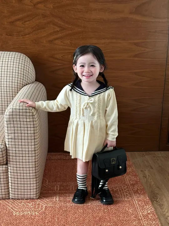 ニットワンピース キッズ ガールズ プリーツ クロシェ えり付き スクールスタイル おしゃれ 秋
